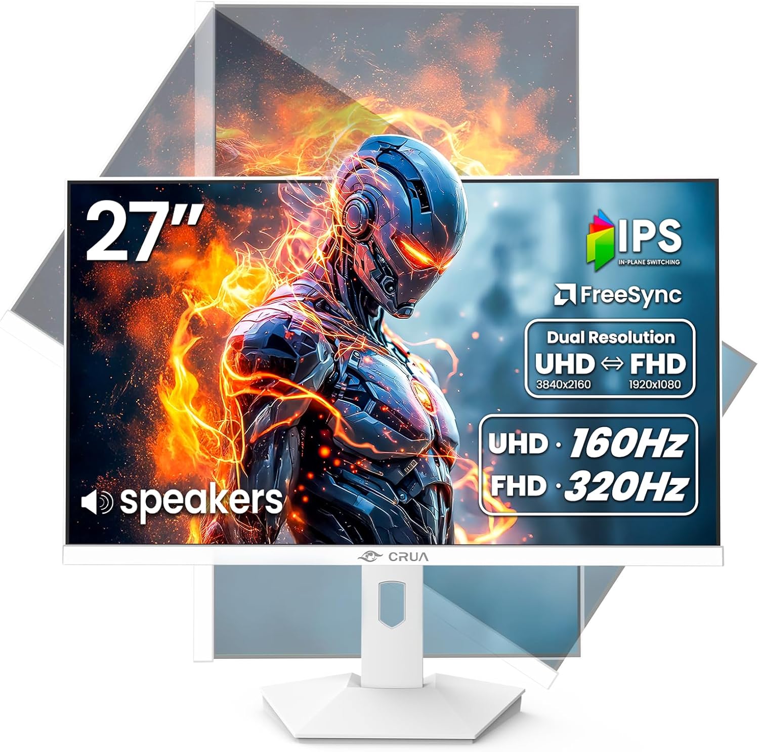 CRUA 27” Gaming Monitor  IPS UHD 3840x2160 4K 160Hz / FHD 320Hz Dual Mode White Computer Monitor  Rotating/Pivot & Height-Adjustable  AMD FreeSync  Built-in Speakers  PIP/PBP  HDMI 2.1 & DP 1.4