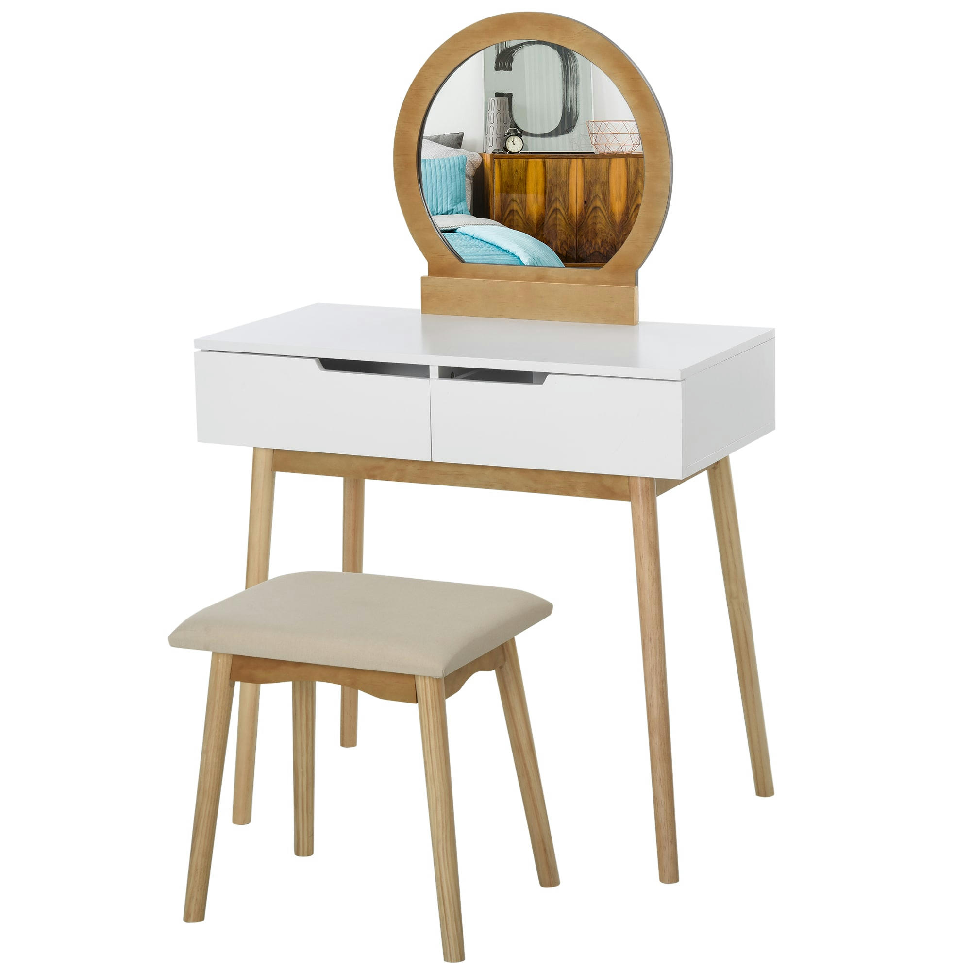 - Coiffeuse design scandinave miroir 2 tiroirs tabouret blanc pin clair