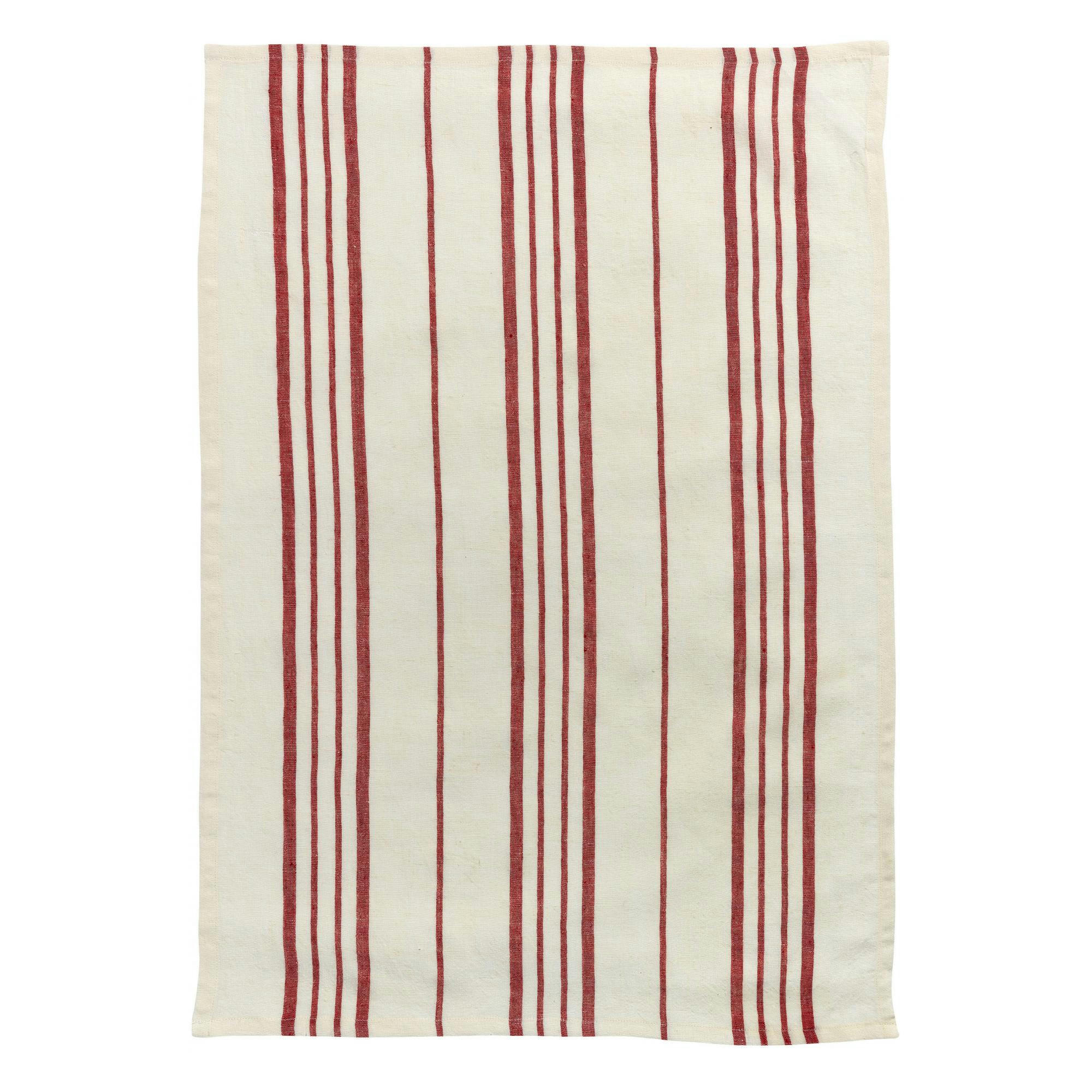 KARMA - Torchon rayé  en lin ecru/rouge 55 x 75