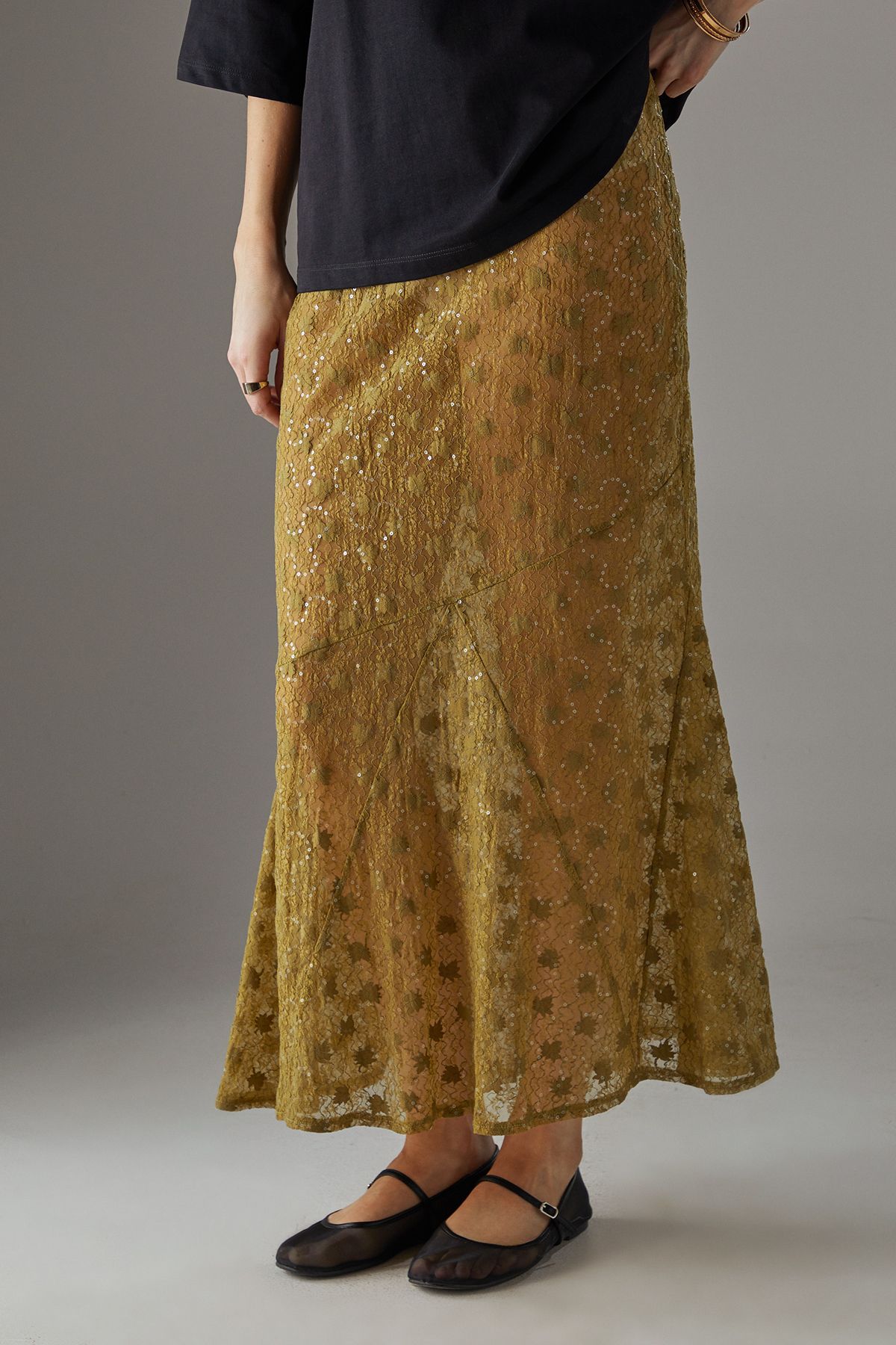 Warehouse Sheer Lace Fishtail Maxi Skirt