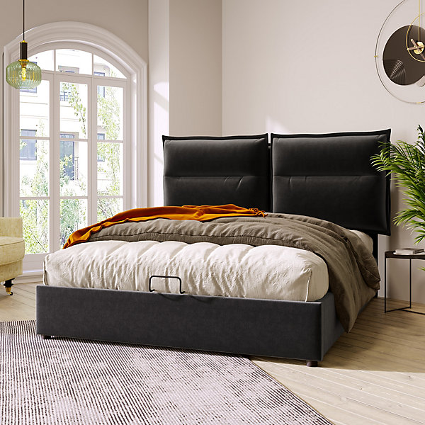 Lit Coffre 140x200 cm avec Rangement, Lit Double Adulte avec Tête Réglable et Sommier en Velours - Noir, Sans Matelas