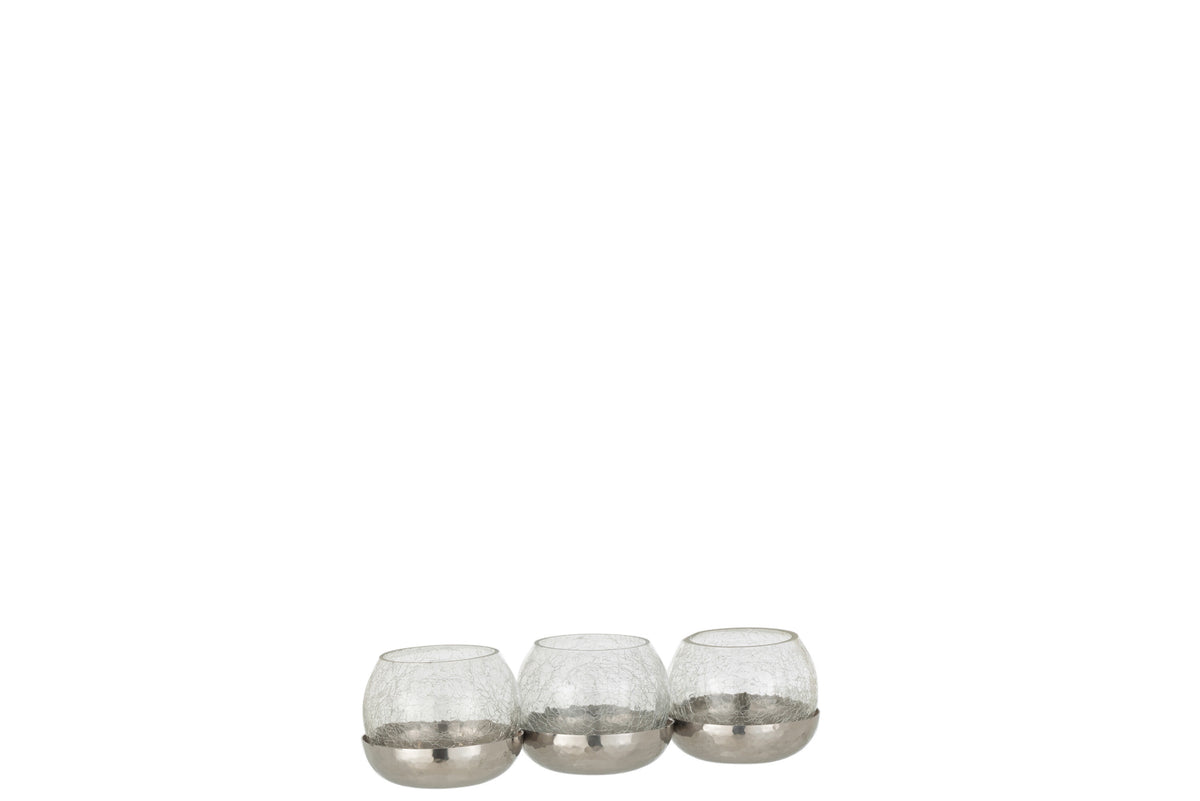 J-Line theelichthouder 3 Bol Craquelé - glas/staal - zilver