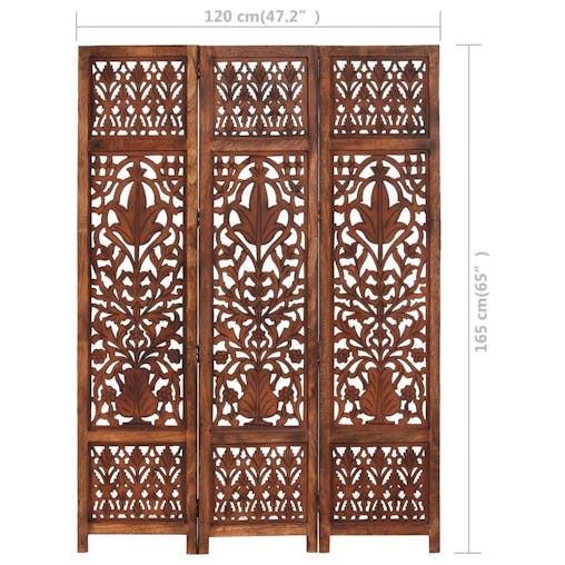 NNEVL Hand Carved 3-Panel Room Divider Brown 120x165 cm Solid Mango Wood