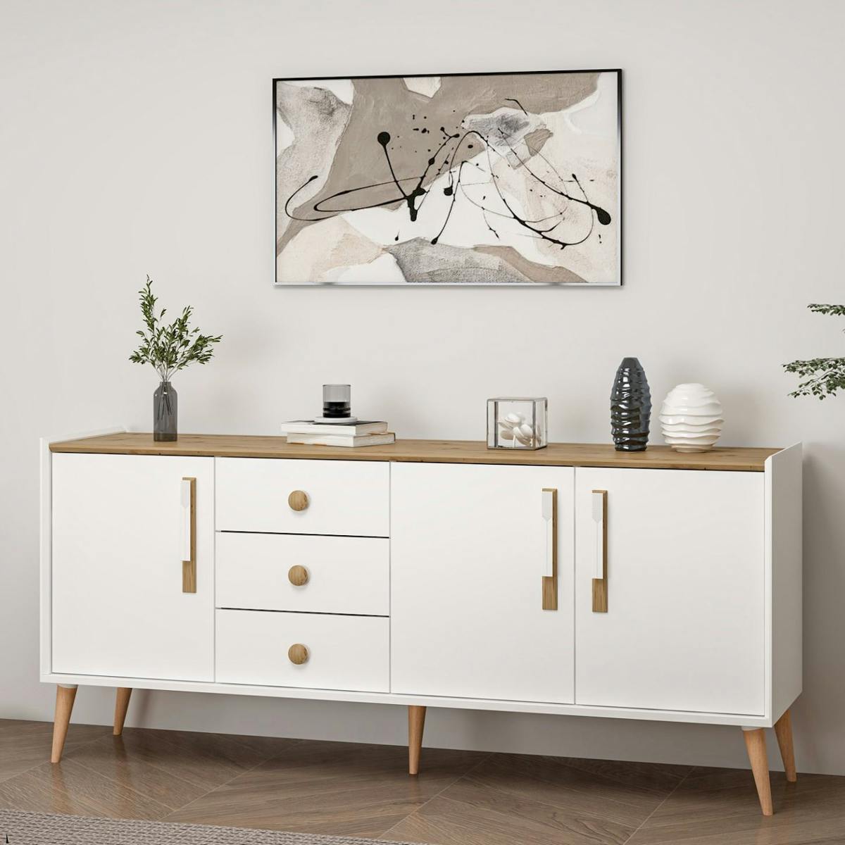 Buffet scandinave blanc et effet bois avec 3 tiroirs MARFA
