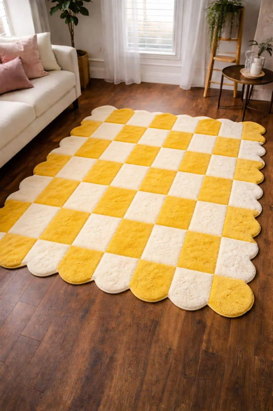Yellow Checkered Rug, Cream Checkerboard Area Rug, Scalloped Edge Rug, Handmade Tufted Wool Carpet, Modern Cozy Living Room Home Decor 6x9