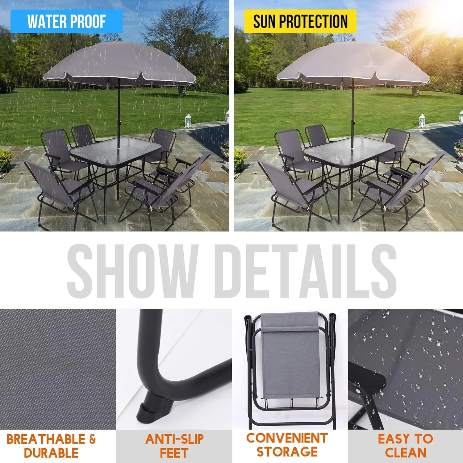 Garden Patio Furniture Set, 8-Piece Outdoor Dining Set with Umbrella 6 Folding Chairs,1 Rectangular Tempered Glass Table