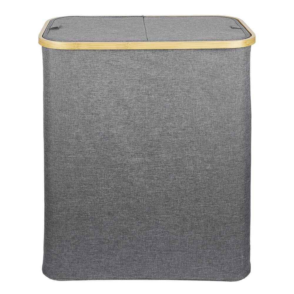 Coffre à linge double 50L bambou et tissu gris