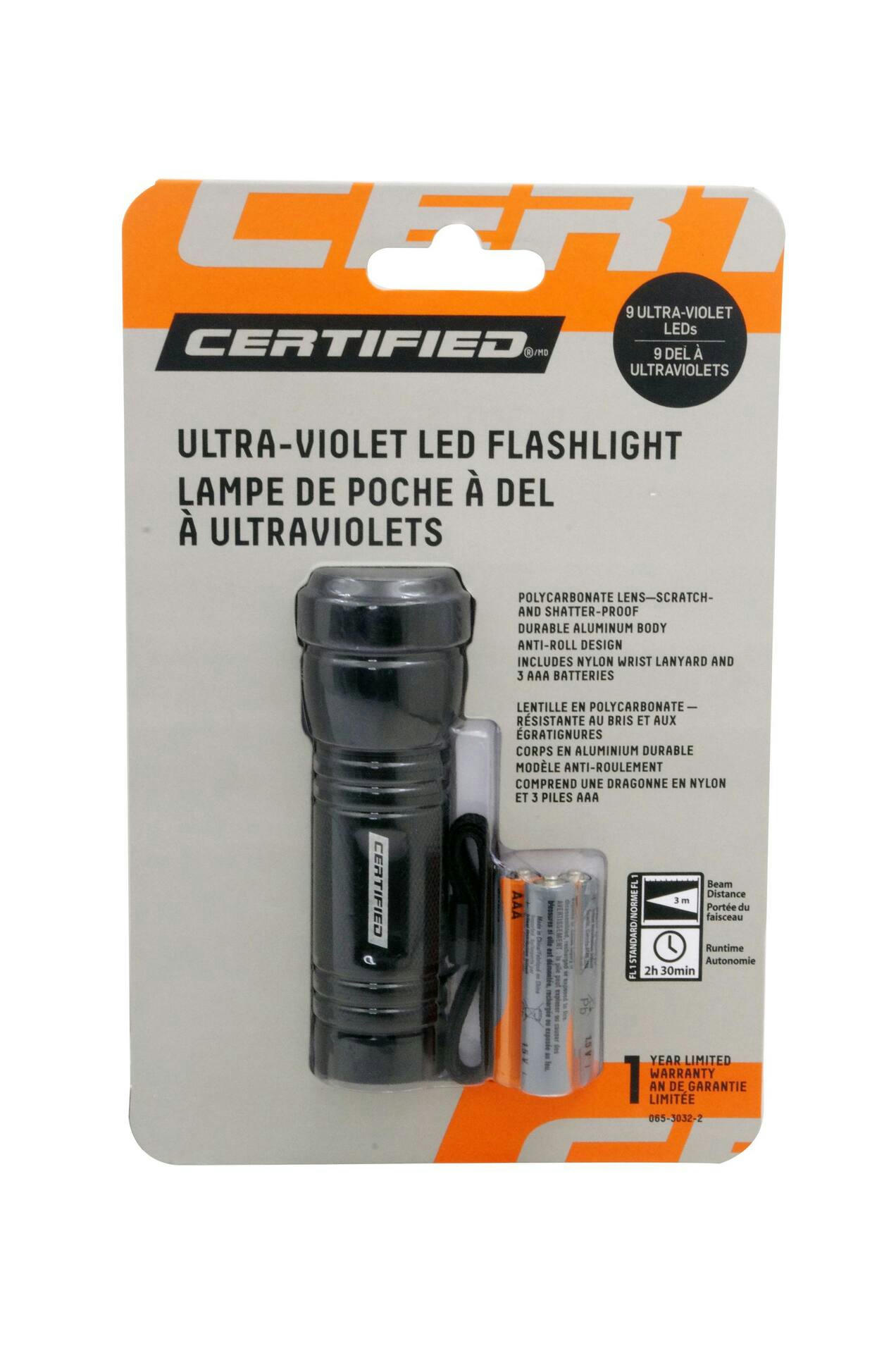 Certified 9V Ultra-Violet UV LED Blacklight/Handheld Flashlight, Batteries Included, Black