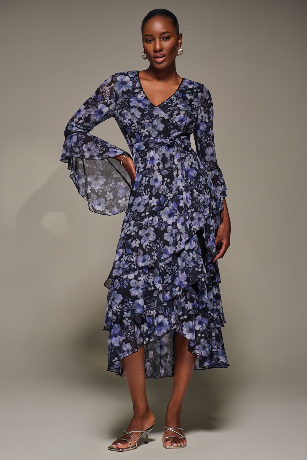 Jolie Moi Ruffle Sleeve Tiered Mesh Midaxi Dress
