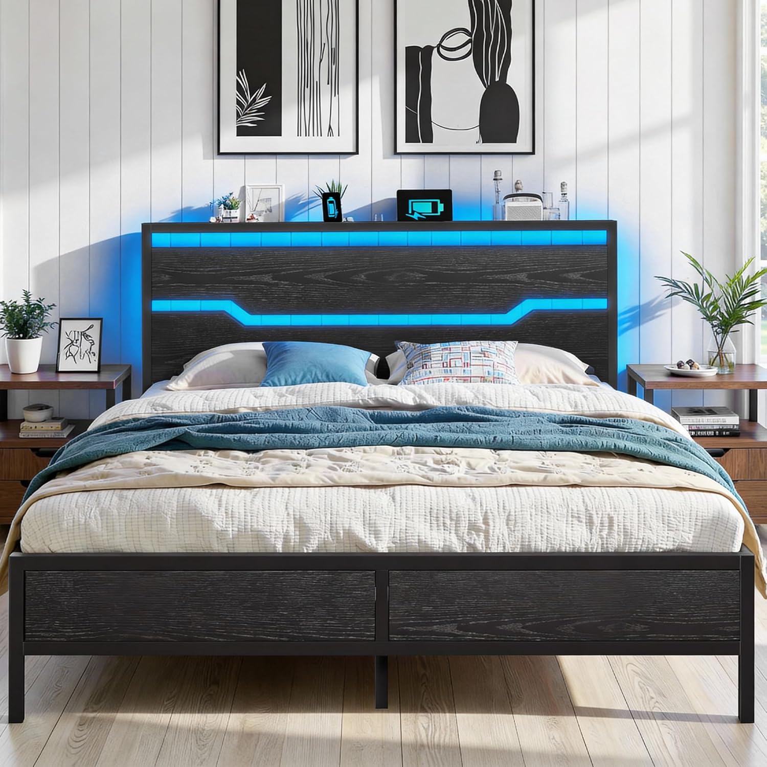 Queen Bed Frame with LED Lights & Charging Station, Bed Frame Queen Size with Headboard,13 Under Bed Storage, Noise-Free Heavy Duty Metal Support, Modern Black