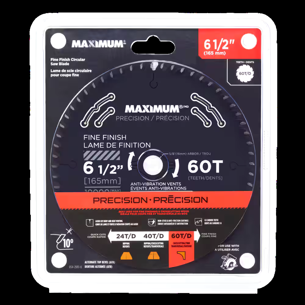 MAXIMUM 6-1/2-in 60T Carbide Tipped Fine Finish Circular Saw Blade for Wood