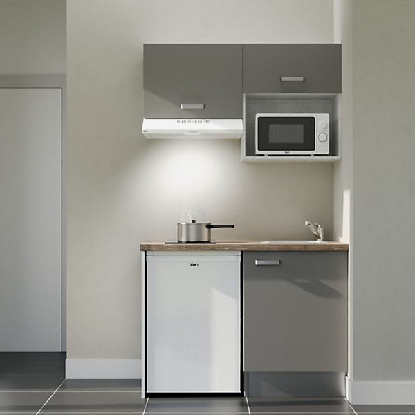 Kitchenette K02 façades Gris - Plan de travail Bois - Crédences : Non - Evier inox - Electroménager Blanc inclus