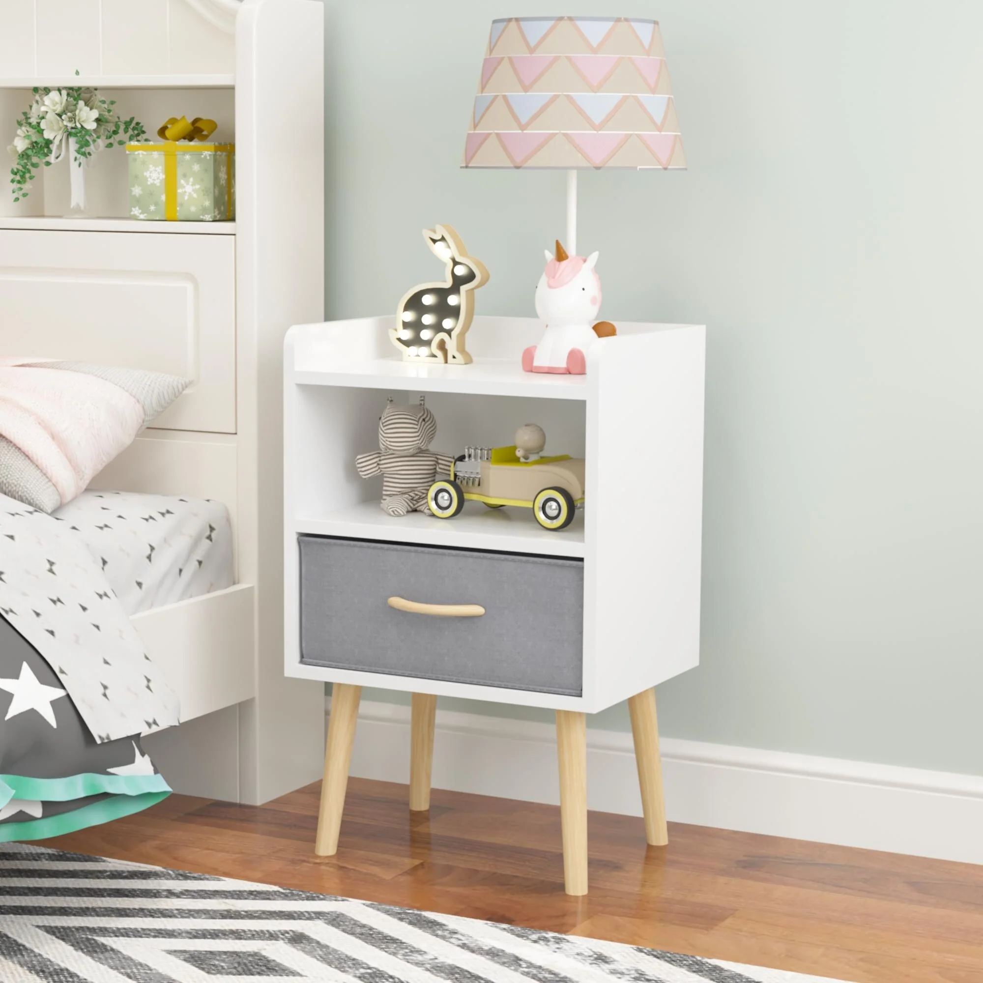 Nightstand with Collapsible Fabric Drawer, 2-Tier Storage End Table, Wooden Bedside Table with Open Shelf for Bedroom