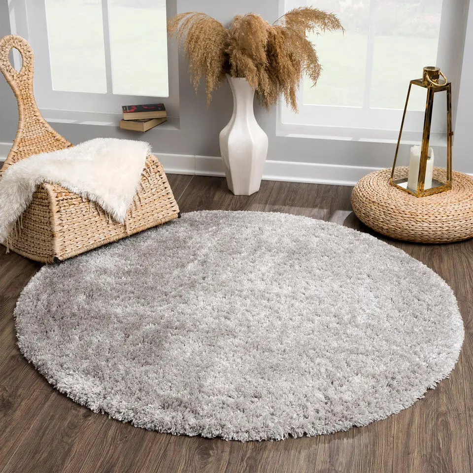 Porto Rond Soft Fluffy Vloerkleed Hoogpolig Effen Grijs - 120 CM ROND