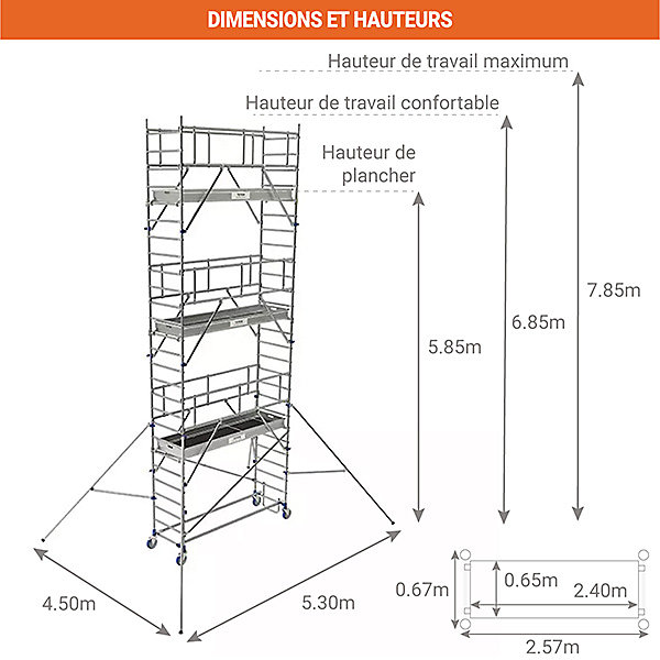 Echafaudage roulant 3 plateaux - Hauteur de travail max 7.85m - 26403760
