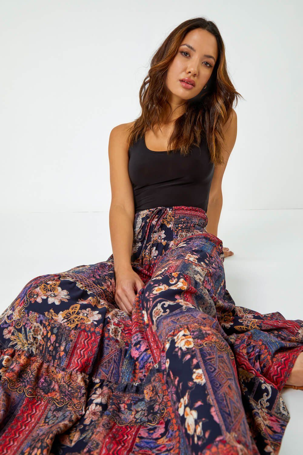 Roman Tile Print Shirred Maxi Skirt