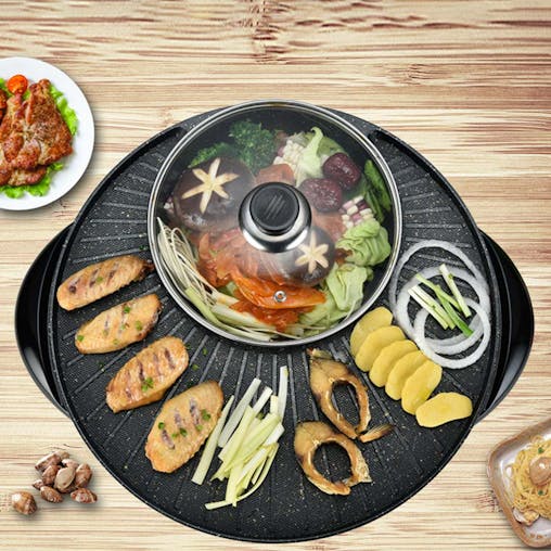 SOGA 2-in-1 Electric Teppanyaki Grill & Hotpot - Stone Coated, Serves 3-5 People