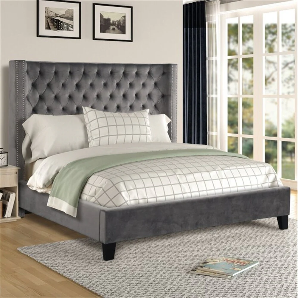Modern Design Queen Bed For Your Bedroom Decor， Solid Wood Frame With Accents Nailhead， Gray