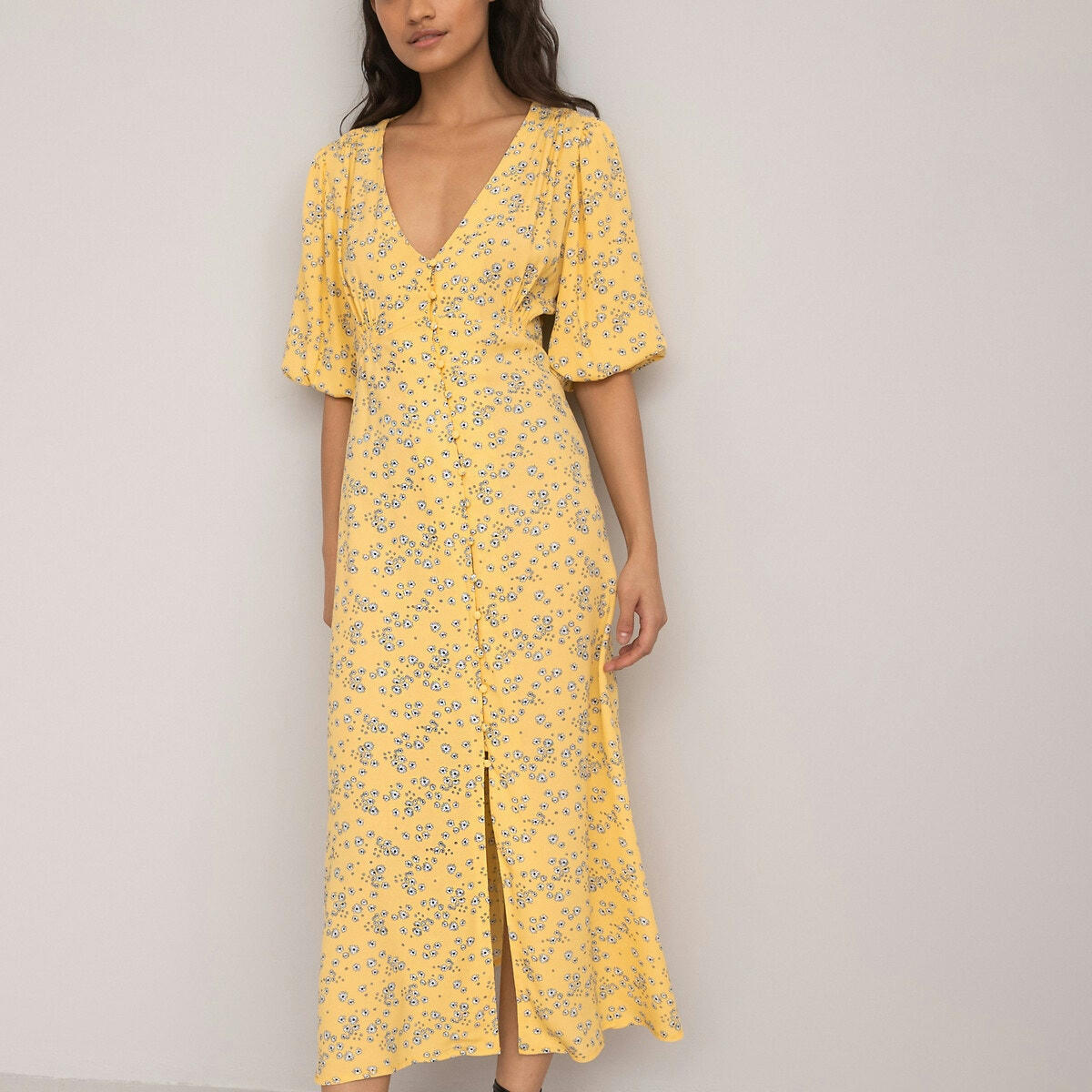 Robe longue col V, manches courtes ballons