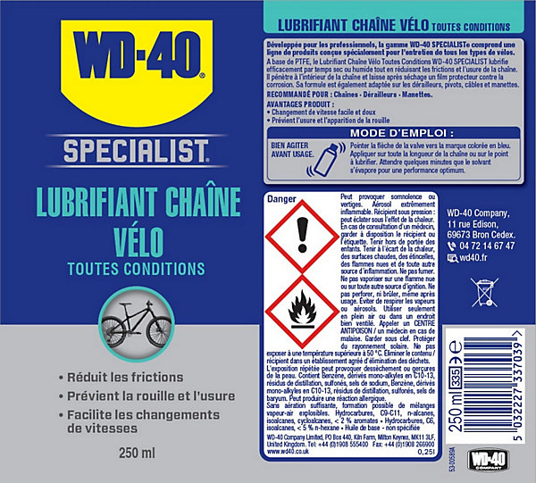 Lubrifiant chaîne de vélo toutes conditions WD40 250 ml