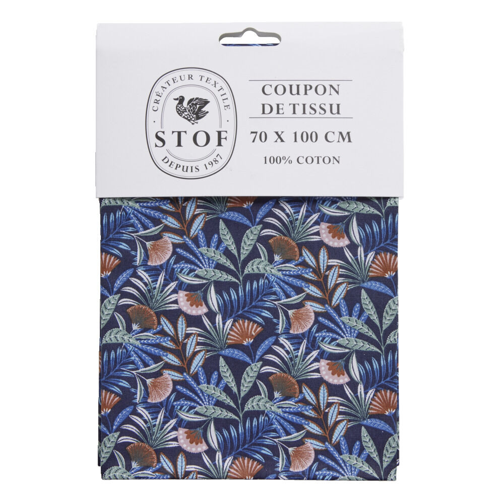 Coupon tissu imprimé Cahuita 70x100cm coton bleu marine