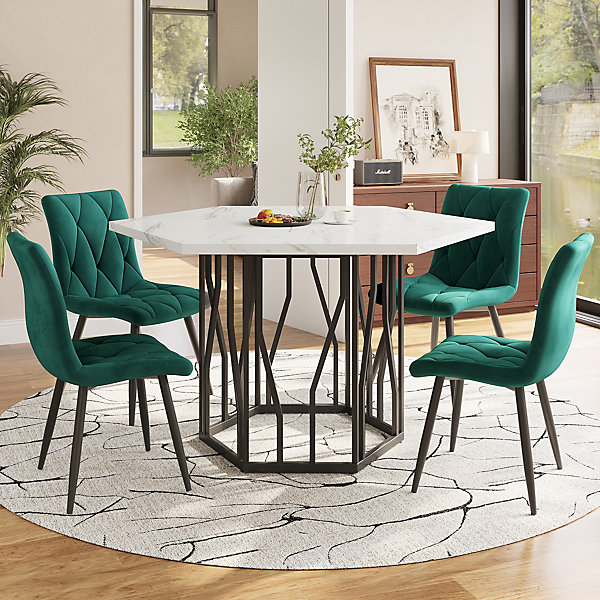 Ensemble Table et Chaises - Table Hexagonale et 4 Chaises Velours, Salle à Manger Moderne, Plateau Effet Marbre, Vert et Blanc
