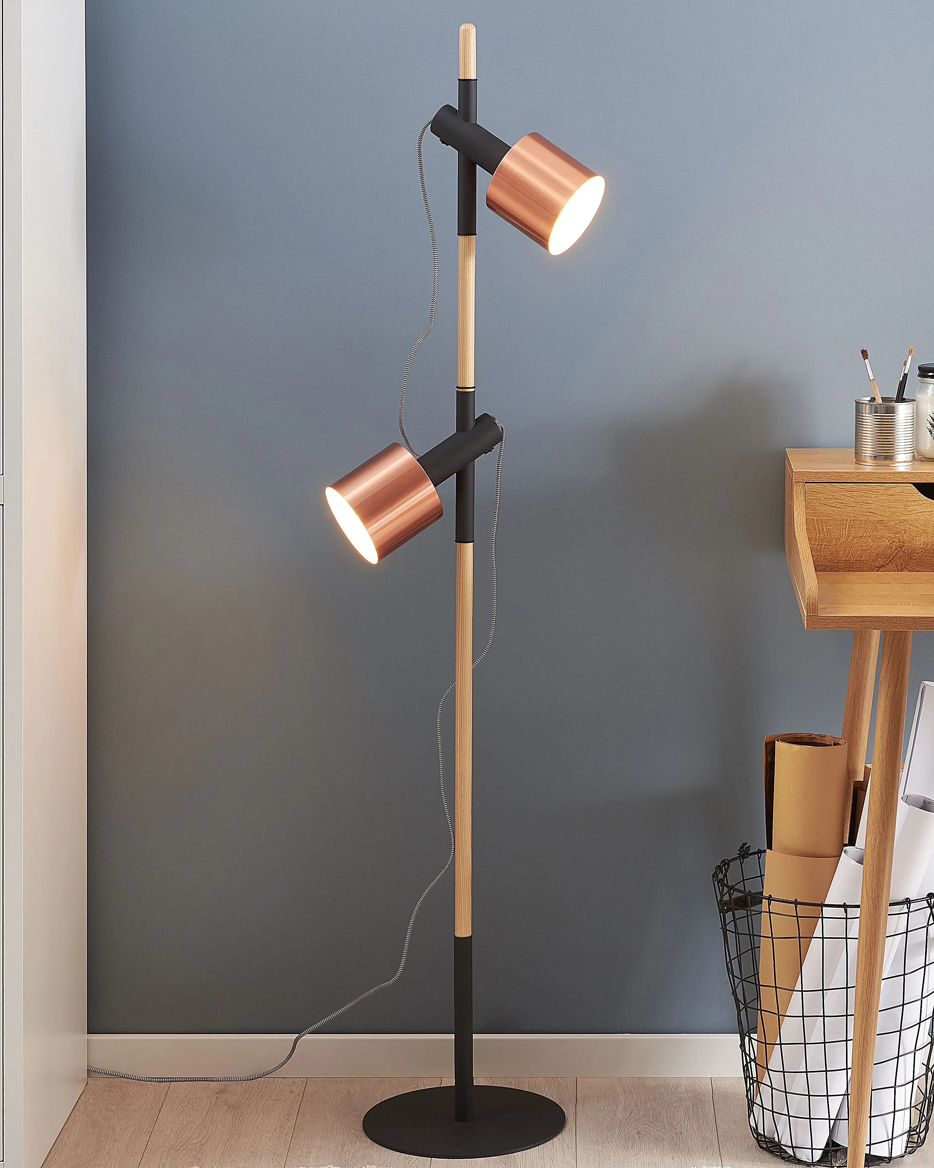 Floor Lamp OWENS Adjustable Oak Wood Black