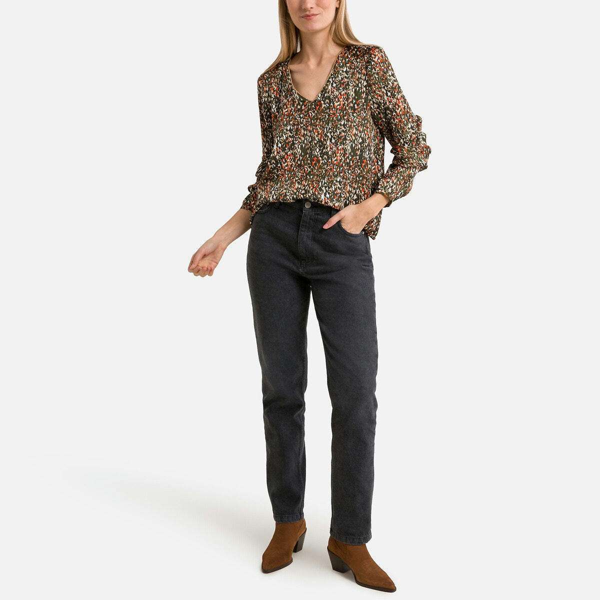 Blouse col v, manches longues, imprimée