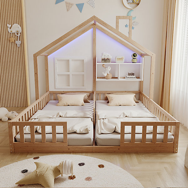 Lit cabane enfant 90x200cm - LED - barrières de sécurité - étagères - naturel (matelas non inclus)