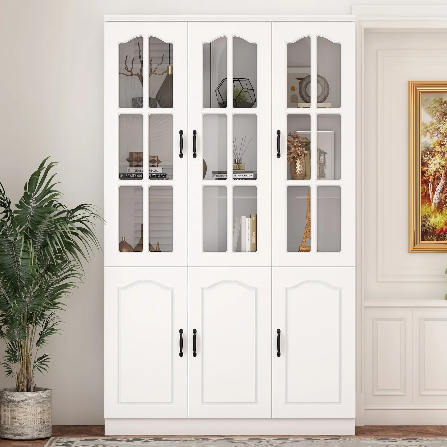 Elegant White Pantry Bookshelf Multifunctional Tempered Glass Cabinet