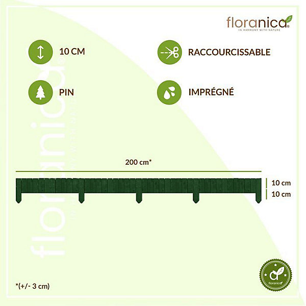 Floranica Bordure de jardin en bois flexible 10 x 200 cm Vert avec piquets, idéale pour délimiter pelouse et massifs de fleurs