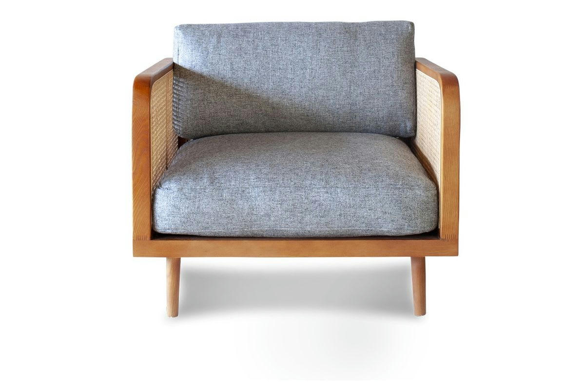 STARHEIM - Fauteuil en cannage marron et tissu gris