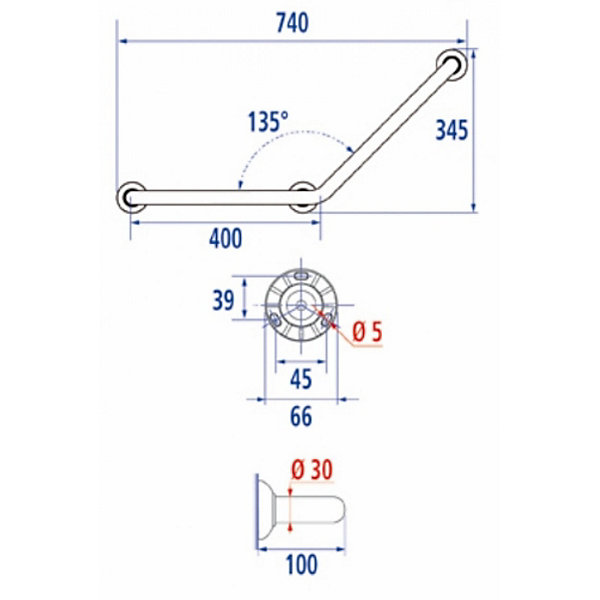 Barre d'appui coudée 135 degré 740mm 049270