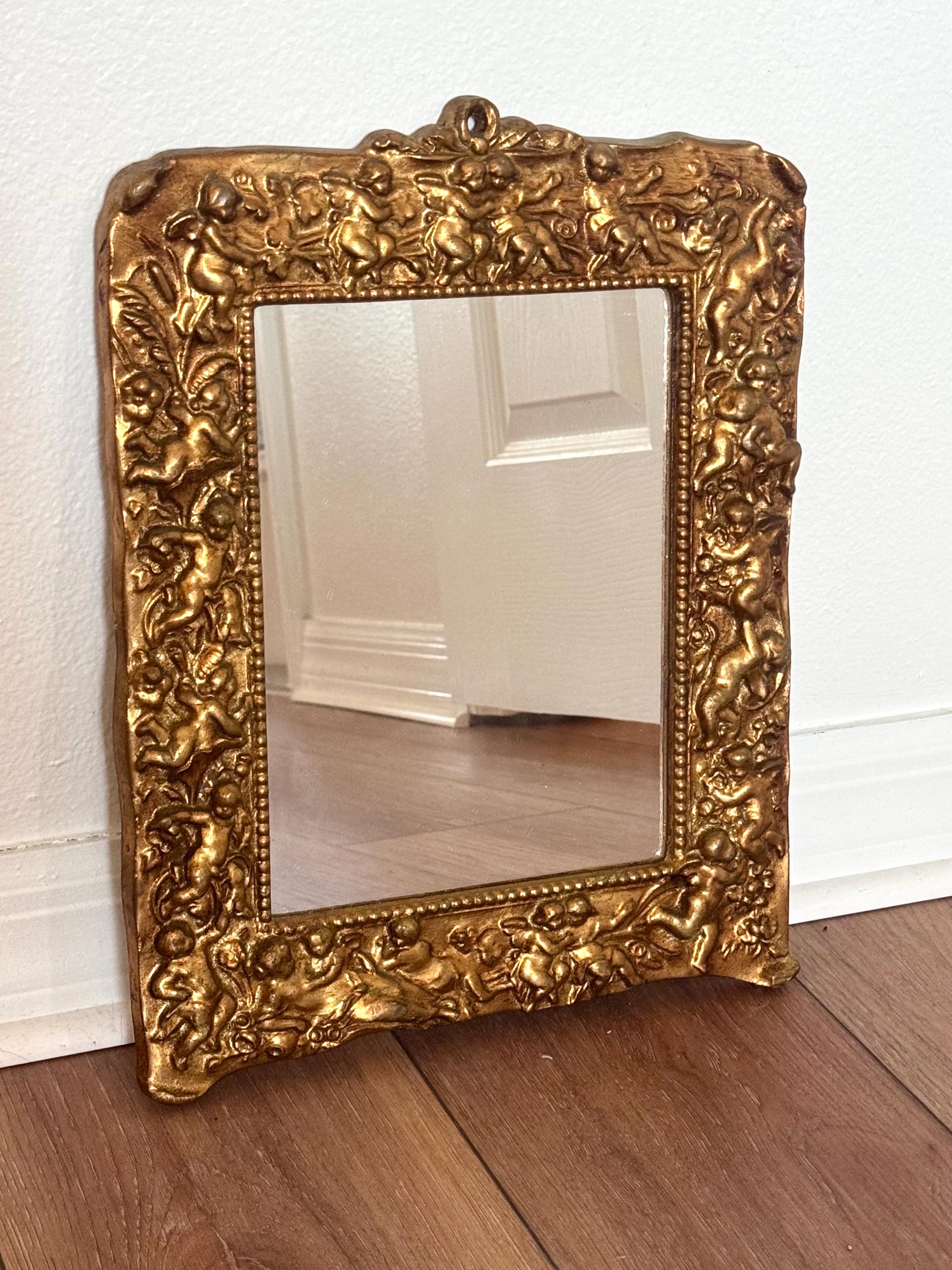 Antique Italian Carved Giltwood Cherub Mirror | Putti Frame | Ornate Vintage Wall Mirror 14x11