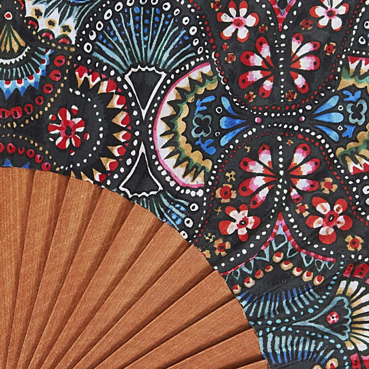 OLGA - Éventail en bois de merisier et coton imprimé design fleuri