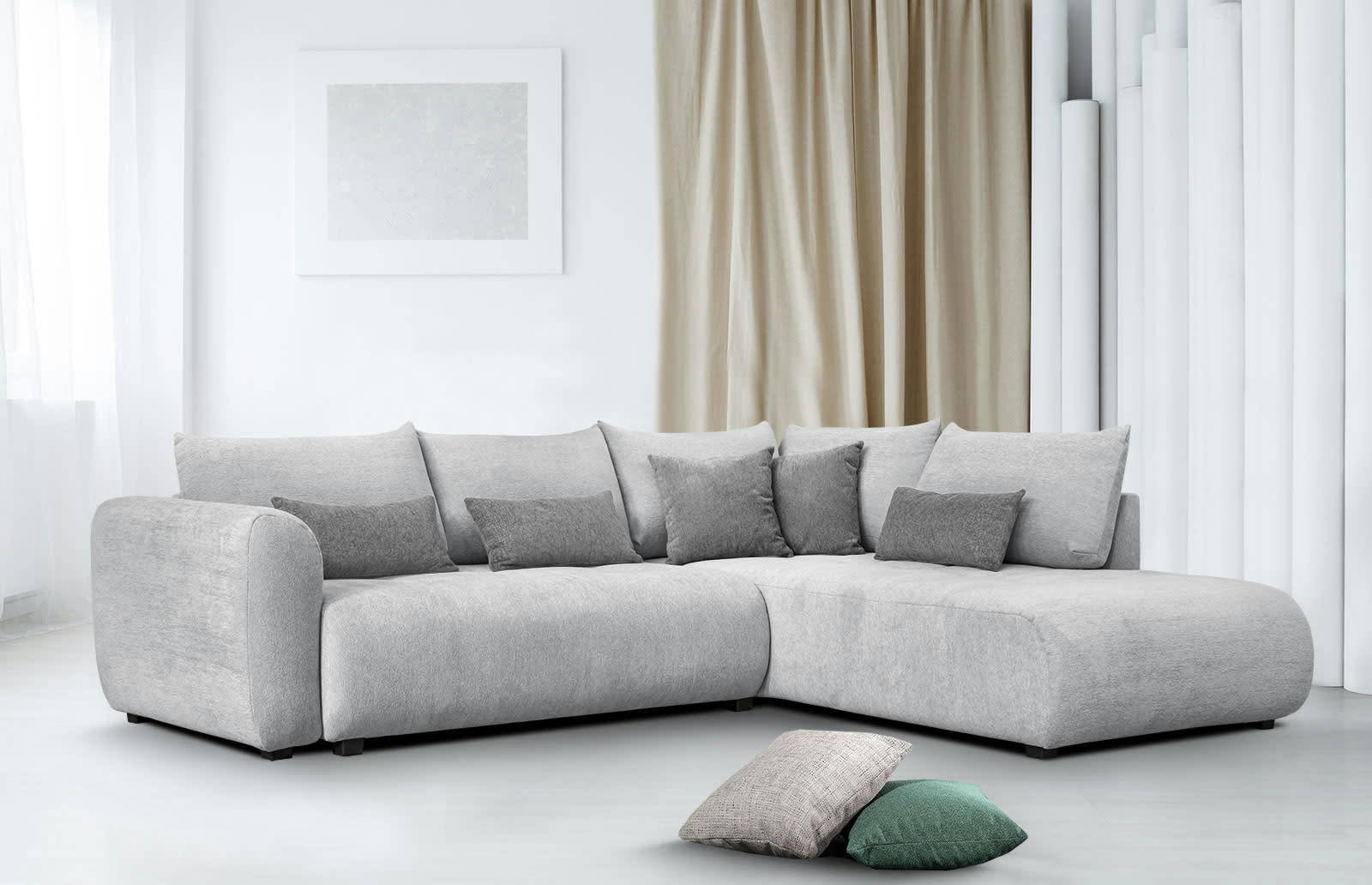 SORENO - Canapé d'angle droit 5 places gris clair avec le couchage