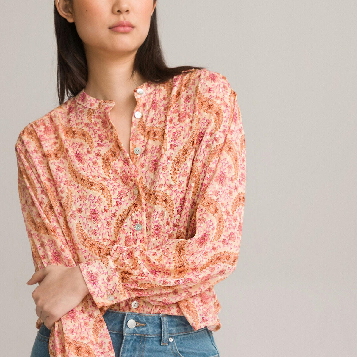 Blouse col mao, manches longues, imprimée