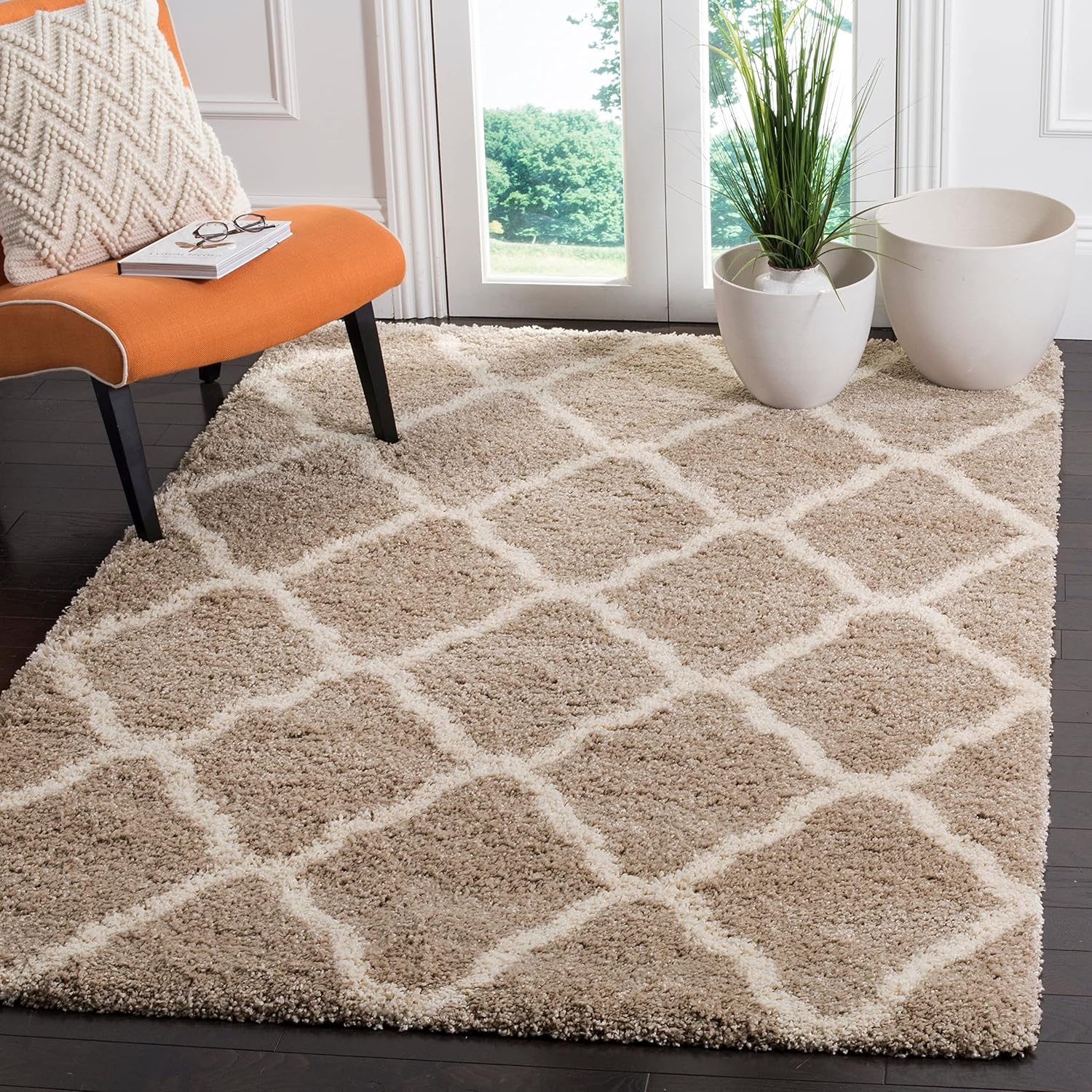 SAFAVIEH Hudson Shag Collection Area Rug - 9' x 12', Beige & Ivory, Moroccan Trellis Design, Non-Shedding & Easy Care, 2-inch Thick Ideal for High Traffic Areas in Living Room, Bedroom (SGH283S)