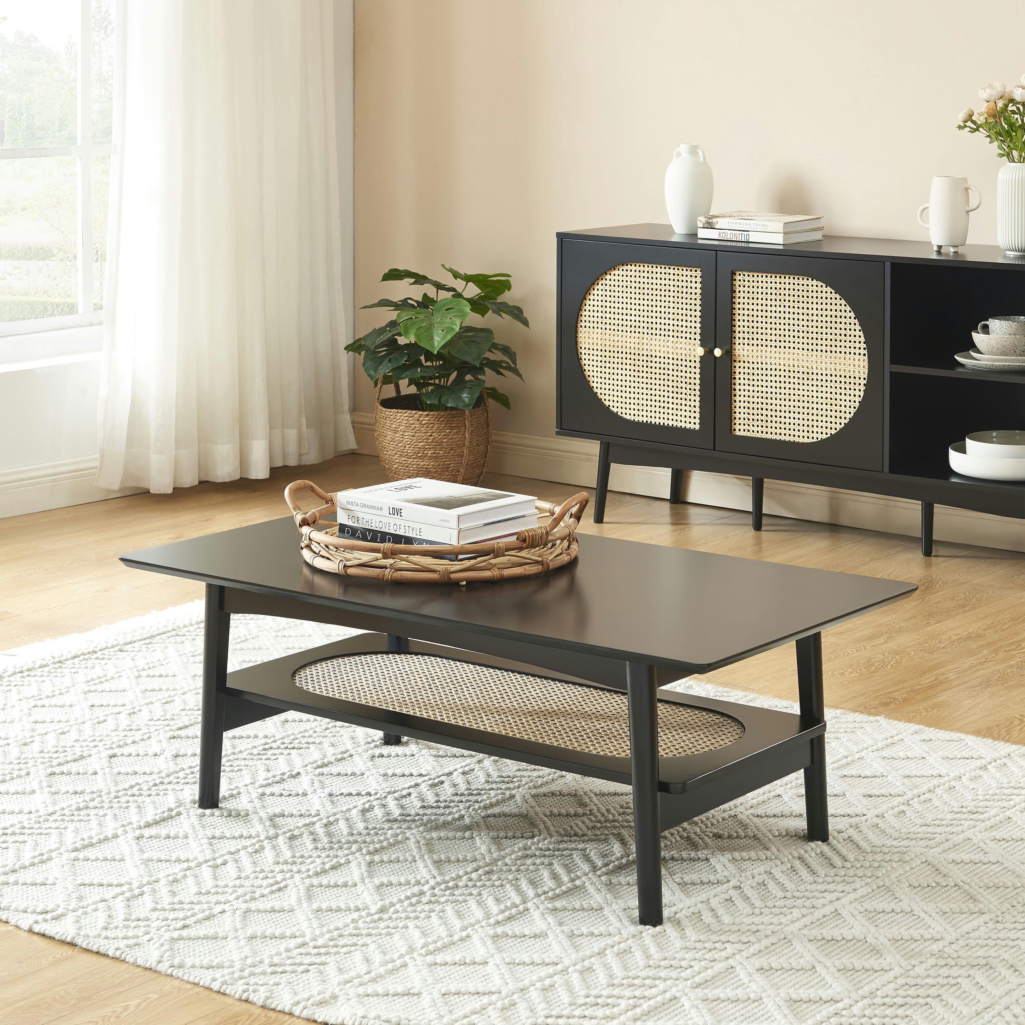 ANATOLE - Table basse  noir et cannage rotin
