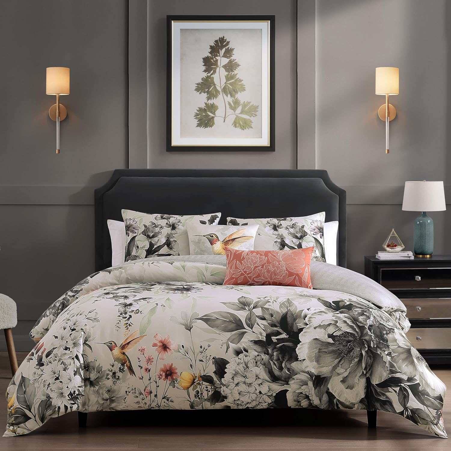 Bebejan Vintage Bloom 5 Piece Comforter Set, 100% Cotton Sateen, 220 Thread Count, Grey Reversible Bedding Comforter Set, 1 Comforter, 2 Shams & 2 Pillows (King/Cal King)