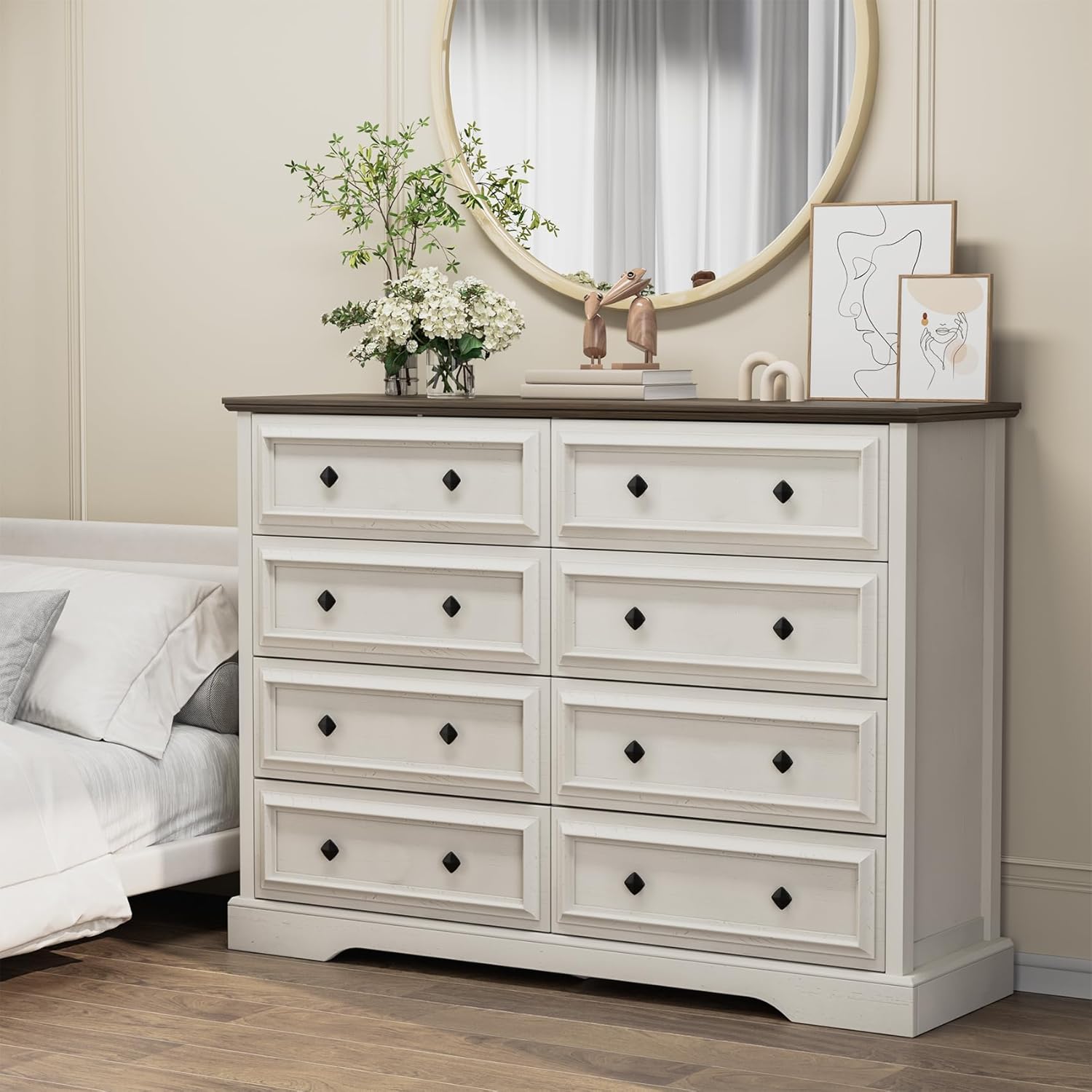Farmhouse 8 Drawer Dresser for Bedroom, 54 Wide Wood Dresser with Natural Texture, Vintage Metal Double Hand Knobs, Rustic Chest of Drawers for Bedroom, Living Room, Hallway, Antique White
