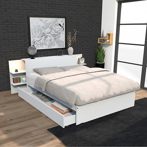 Lit 2 places 140x190cm Blanc CITA inclus sommier et tete de lit chevet et tiroir
