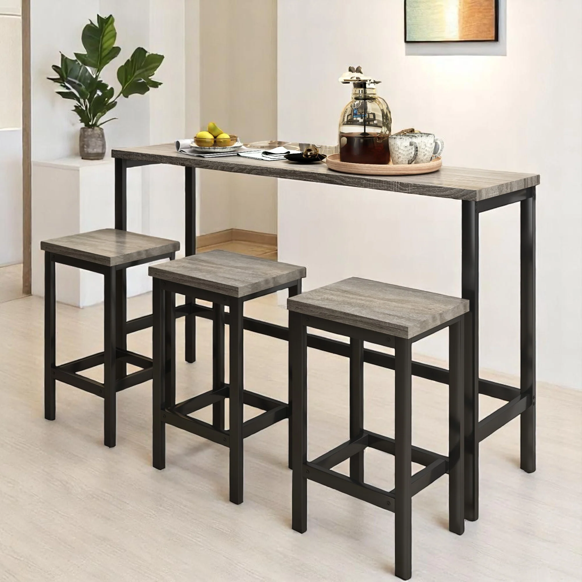 4-Piece Counter Height Dining Table Set with 3 Stools, Pub Table with Footrests, Metal Frame Kitchen Bar Set for Small Spaces