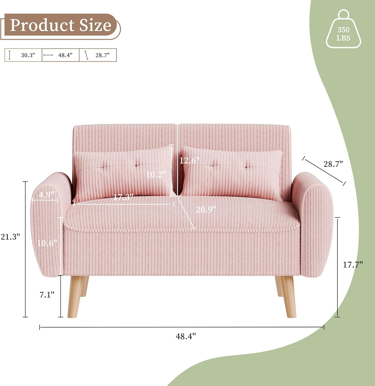 Vongrasig 47 Small Modern Loveseat Sofa, Mid Century Soft Corduroy Fabric 2-Seat Sofa Couch Tufted Love Seat with Back Cushions and Tapered Legs for Living Room, Bedroom and Small Space (Pink)