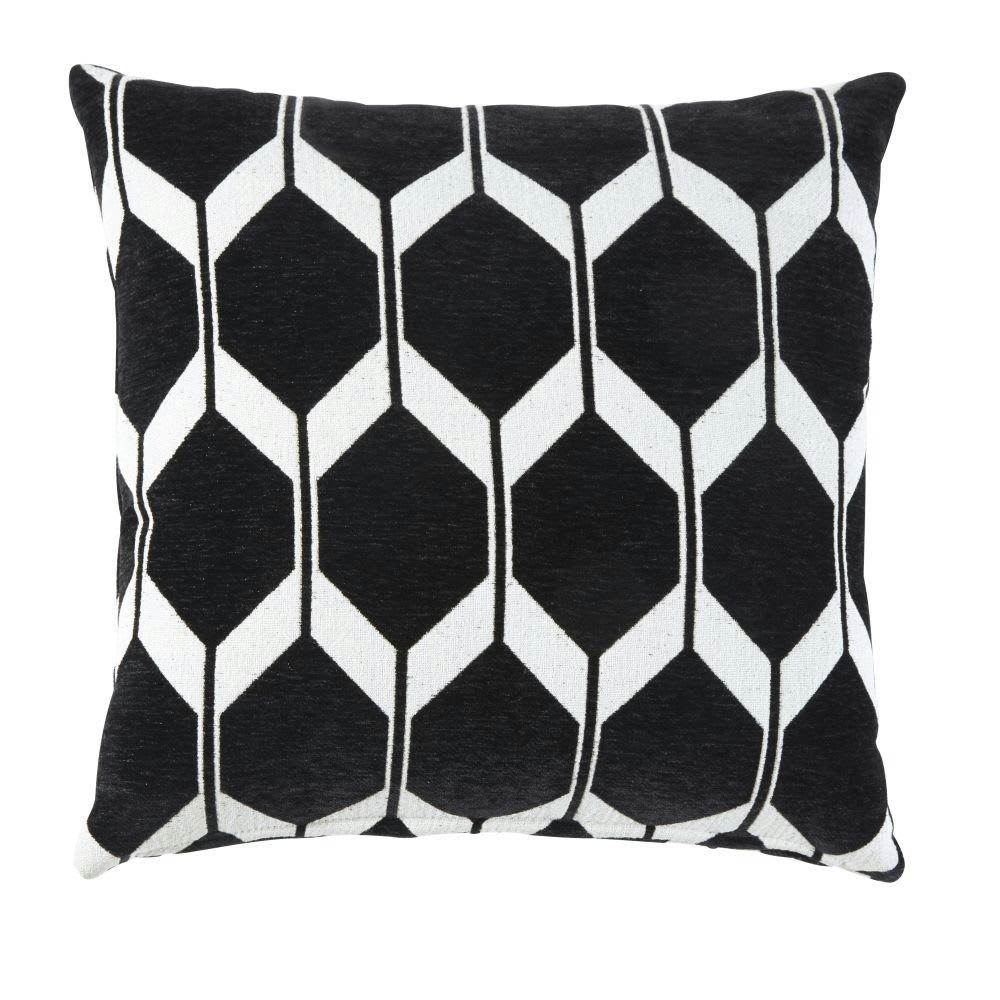 ASTON - Coussin en velours tissé jacquard motifs graphiques noirs et écrus 60x60