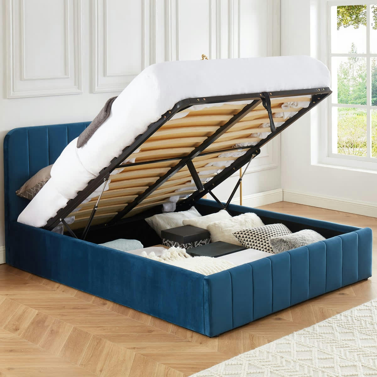 AVA - Lit coffre 140x190cm en velours bleu + tête de lit + sommier à lattes