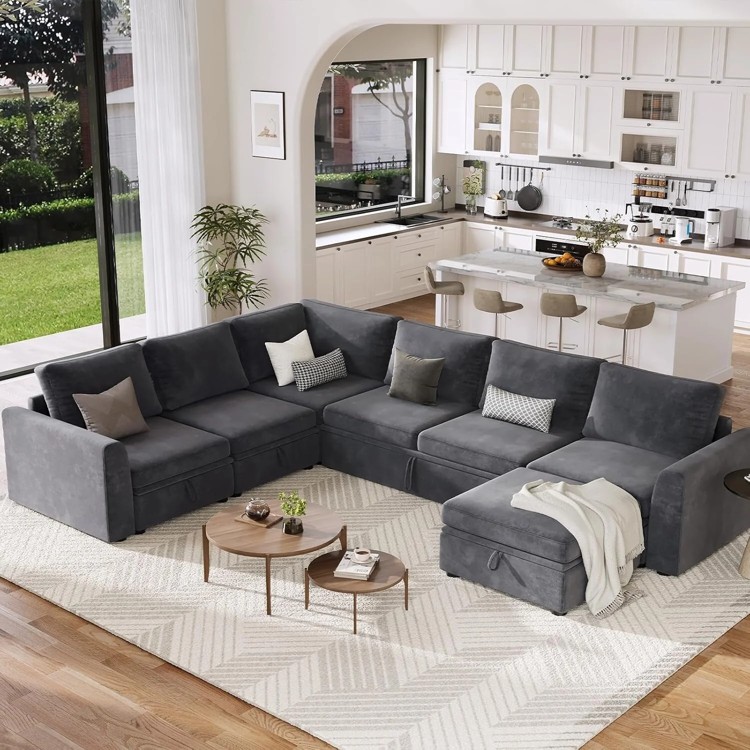 U Shaped Sectional Sleeper Sofa with Pull Out Bed, Chenille Modular Sectional Sofa