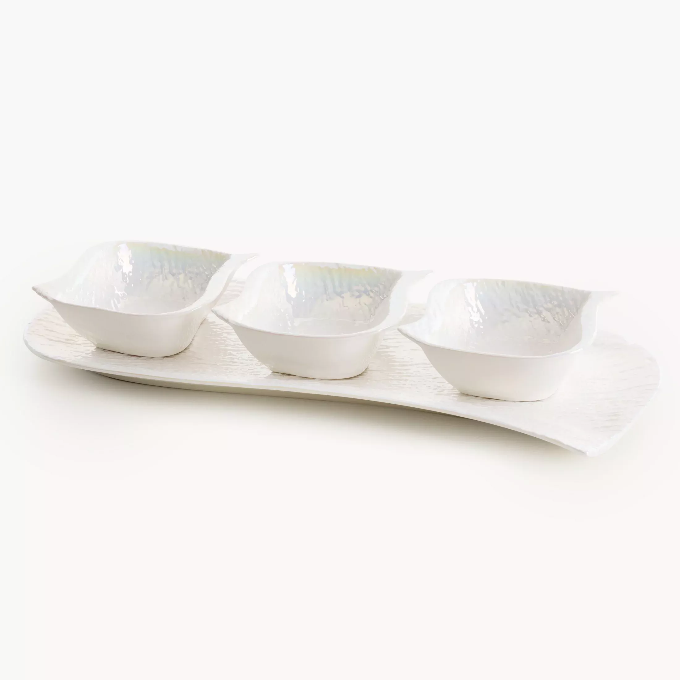 Patera ceramiczna dekoracyjna perłowa komplet z trzema miseczkami z wypukłym wzorem 18x41x6,5 cm NINA