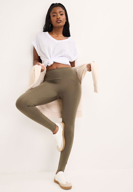 Womens Khaki Green Wide Waistband Leggings
