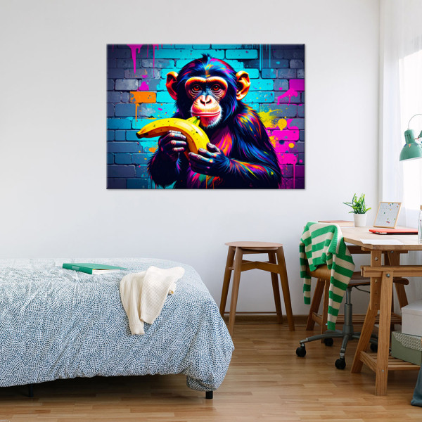 Obraz młodziezowy do salonu, Abstrakcja Małpa z bananem Graffiti 30x20